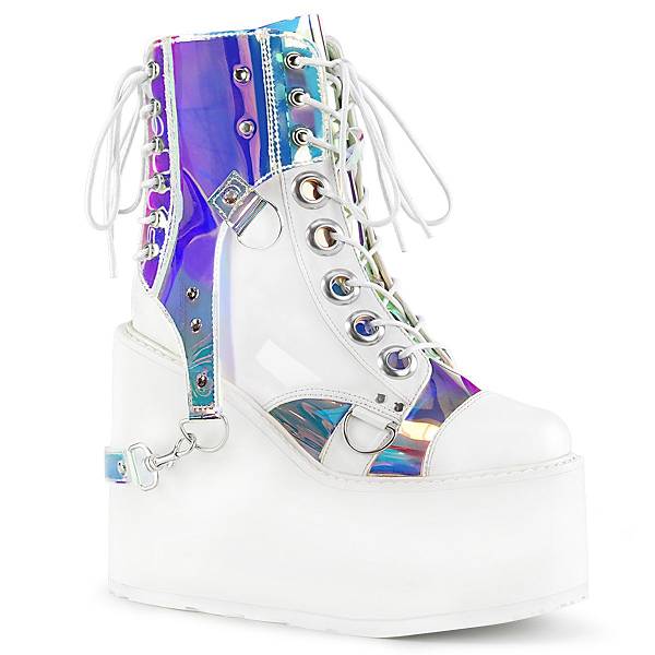 Demonia Women's Swing-115 Platform Boots - White Vegan Leather/Patent/Magic Mirror Faux Leather D9842-31US Clearance